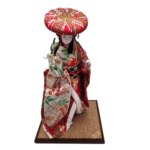Japanese Geisha Doll With Willow Branches In Traditional Kimono On Wooden Base J - Picture 7 of 14